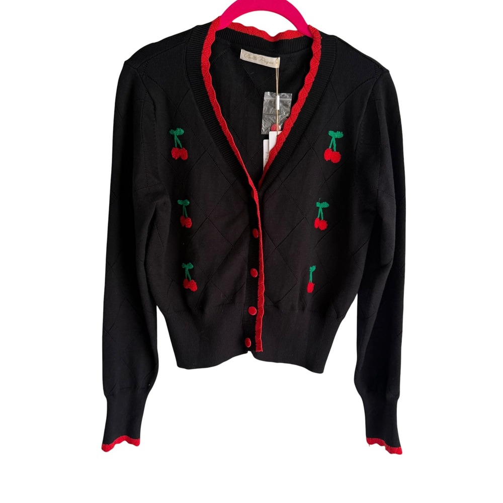 NWT BELLE POQUE V-Neck Black Elegant Retro Cherry Embroidered Ladies Cardigan, M